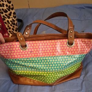 Nine West Pink and Blue Woven Tote Bag with Leather Handles